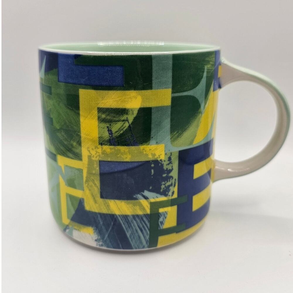 Anthropologie Lottie Monogram Coffee Mug Cup Letter E Green Blue 16 oz‎ EUC